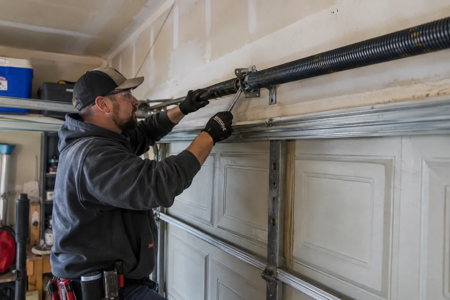 Illustrative garage doors scene; not an actual job