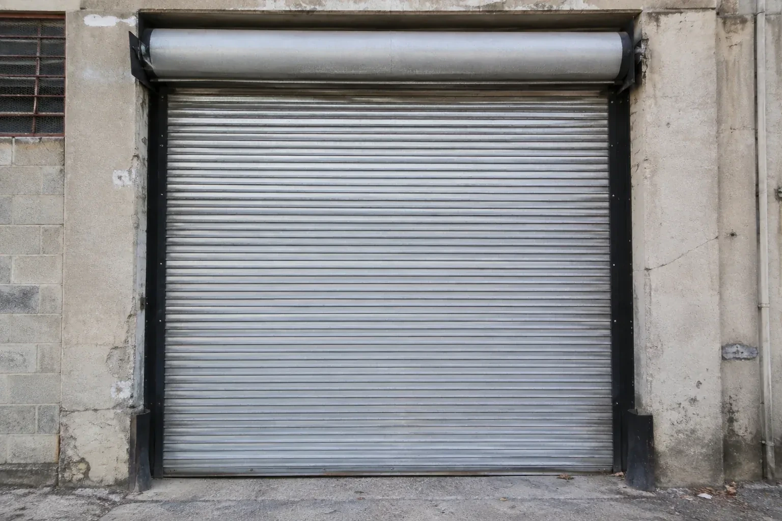 Closed metal rolling shutter in a weathered warehouse opening. — Commercial Rolling Door Repair, Oshawa