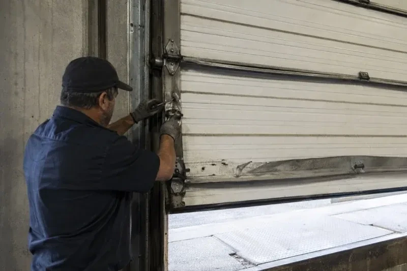 Person holding tools at the side hinge of a partly raised industrial sectional door — Commercial Sectional Door Repair, Oshawa