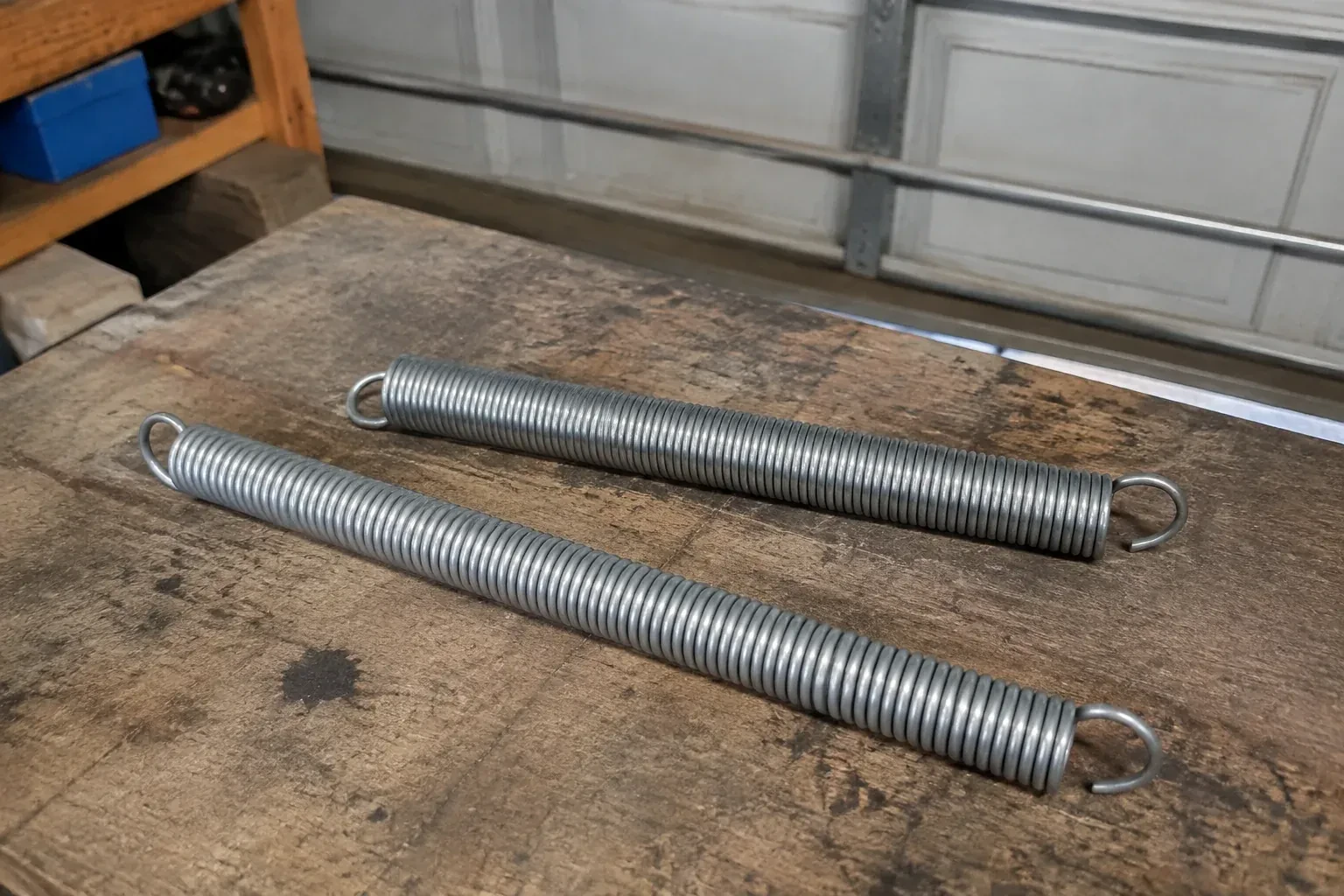 Two detached extension springs with hooked ends on a garage bench. — Extension Spring Replacement, Oshawa