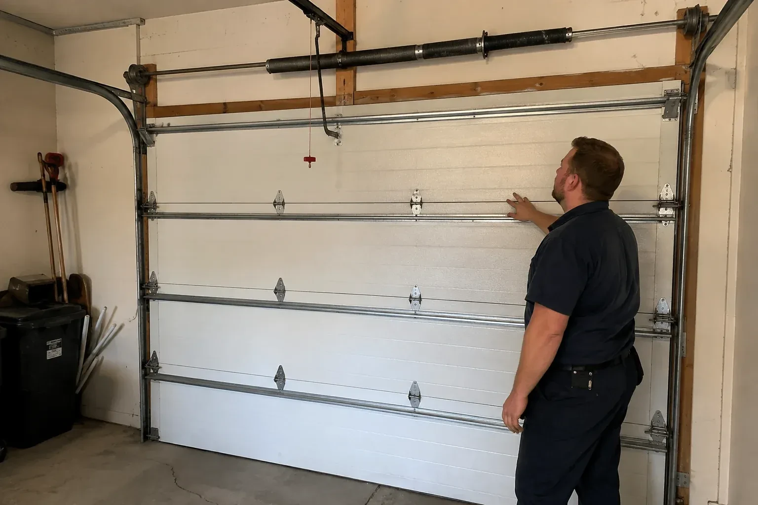 A person stands beside a closed sectional door beneath its overhead spring assembly. — Garage Door Balance Adjustment, Oshawa