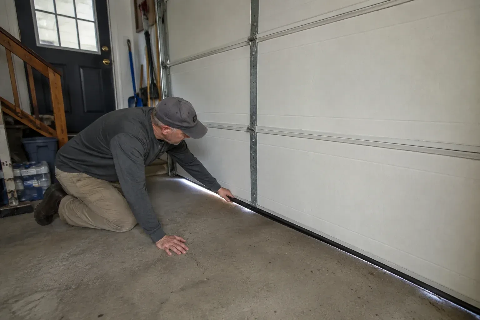 A person kneels beside the black bottom seal of a garage door, with daylight visible beneath the edge. — Garage Door Bottom Seal Replacement, Oshawa