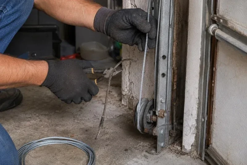 Gloved hands holding a bright cable and pliers gripping a frayed cable beside a garage-door track and pulley. — Garage Door Cable Replacement, Oshawa