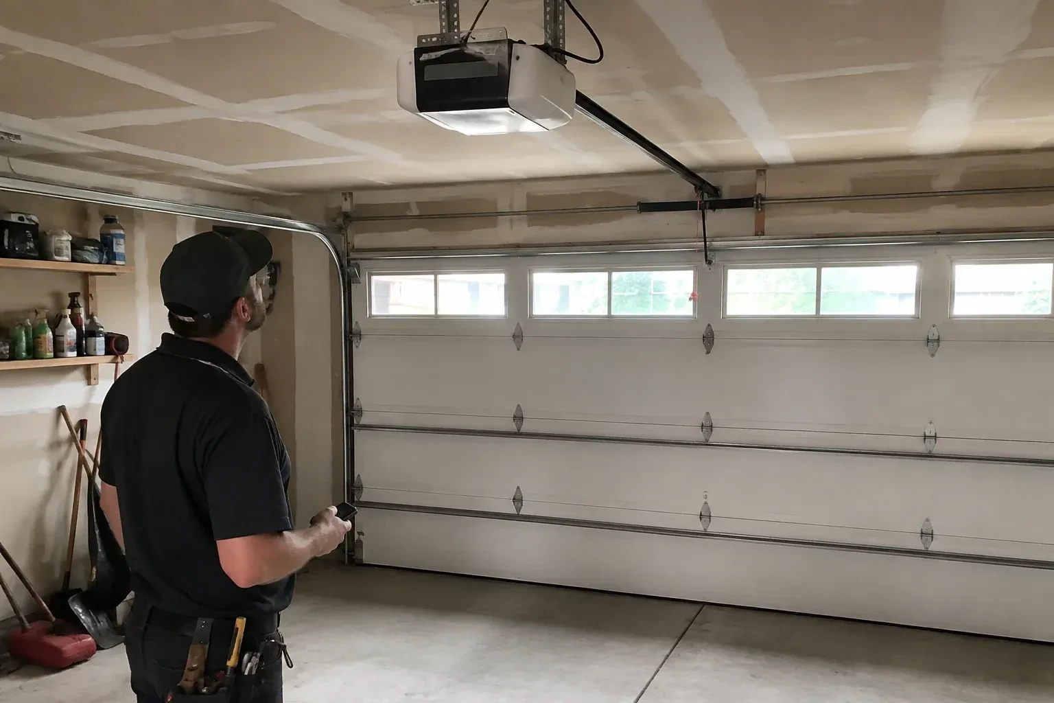 A person looks at an overhead opener above a closed garage door with a row of windows. — Garage Door Opener Replacement, Oshawa