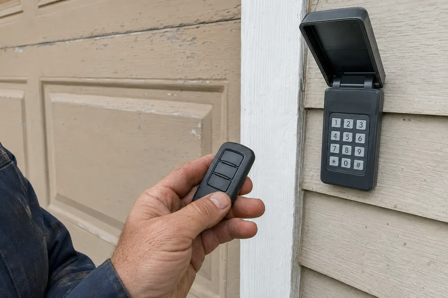 A hand holds a three-button remote beside an exterior garage keypad with its cover open. — Garage Door Remote and Keypad Programming, Oshawa