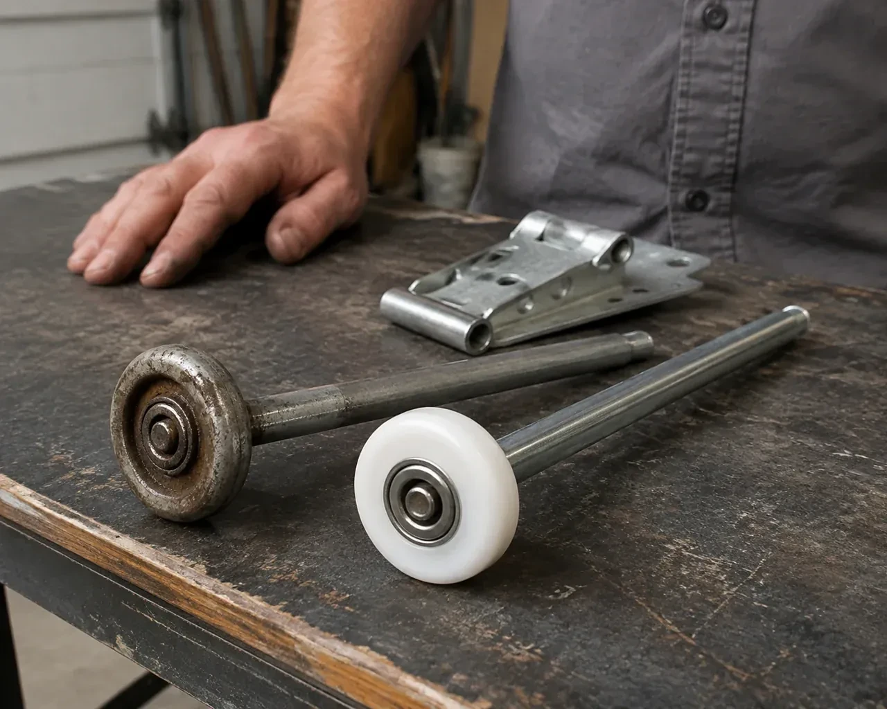 Steel and nylon garage-door rollers with long stems lie beside a detached hinge on a workbench. — Garage Door Roller Replacement, Oshawa