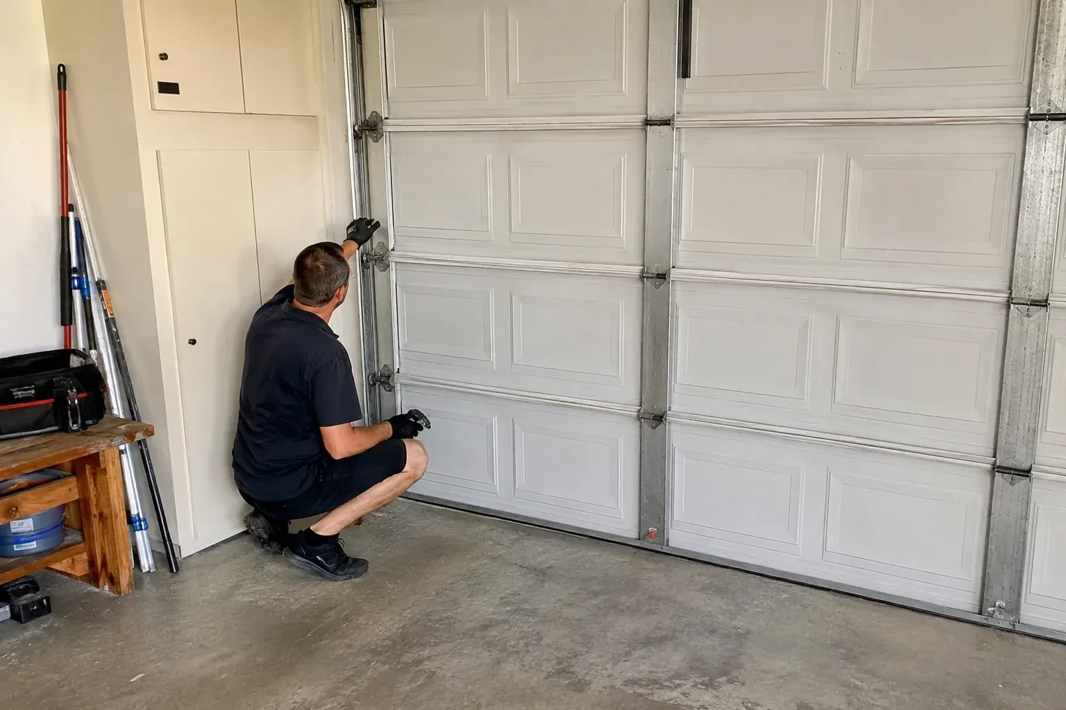 A person kneels beside the side track and hinges of a closed sectional garage door. — Garage Door Safety Inspection, Oshawa