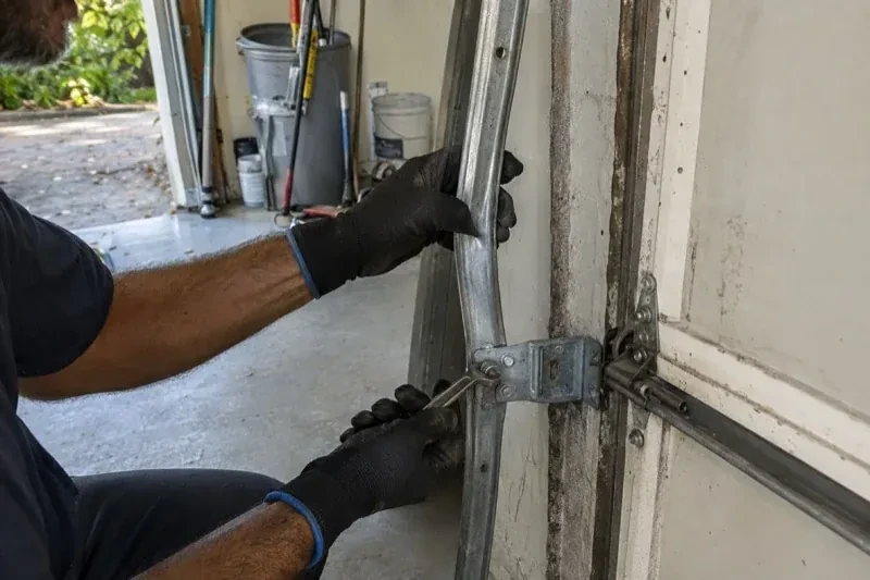 Gloved hands holding a vertical garage-door track and a wrench at its mounting bracket beside a door hinge. — Garage Door Track Repair or Replacement, Oshawa