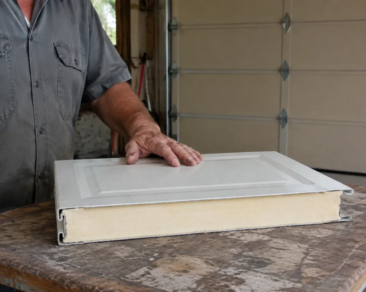 A panel sample exposes a cream foam core between thin metal faces on a garage workbench. — Insulated Steel Garage Door Installation, Oshawa