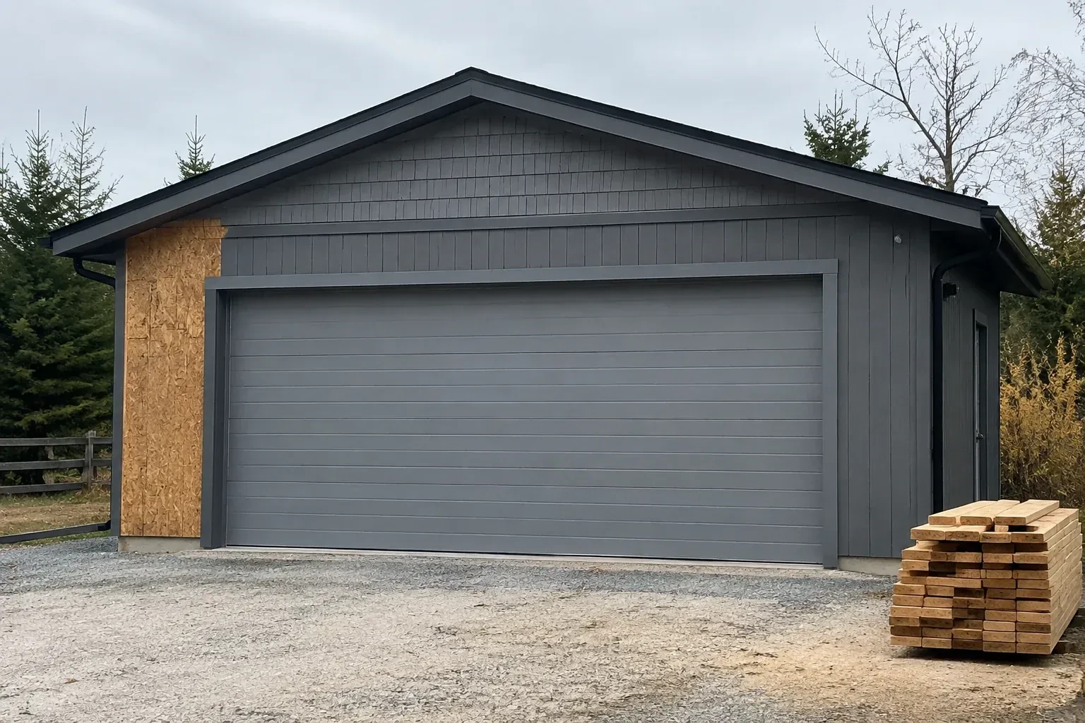 Closed grey garage door on a partly finished building beside stacked lumber. — New-Construction Garage Door Installation, Oshawa
