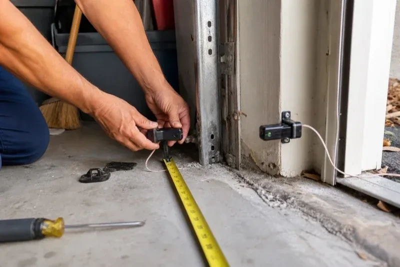 Hands holding a small wired device beside another mounted device and a tape measure at a garage-door opening — Photo-Eye Sensor Alignment or Replacement, Oshawa