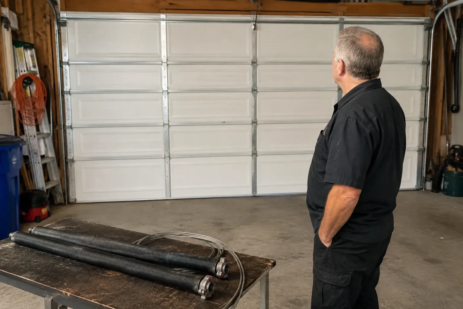 Detached coil springs with end fittings and a cable rest on a bench in front of a closed garage door. — Torsion Spring Replacement, Oshawa