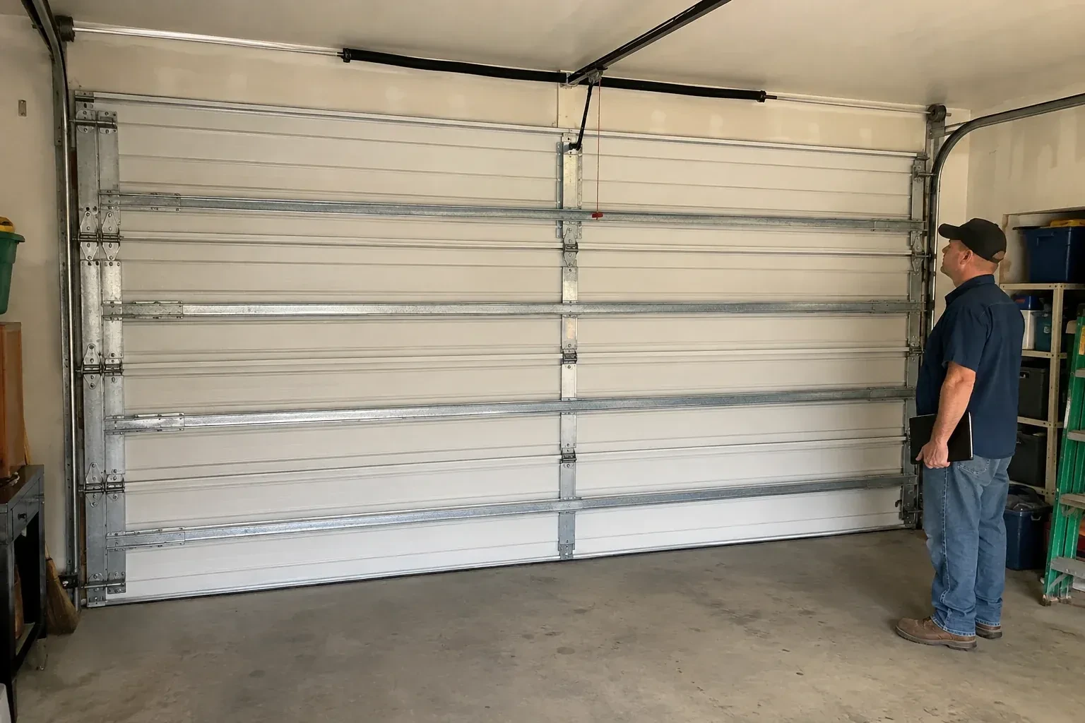 A person examines horizontal metal reinforcement members across the interior of a closed garage door. — Wind-Rated Garage Door Replacement, Oshawa